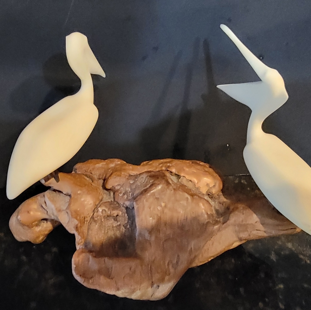 John Perry Pelican Pair Sculpture on Pellucida Resin Burl Wood Base